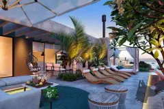 render rooftop área descanso espreguiçadeiras madeira almofadas poltrona suspensa palmeira plumeria vista cidade entardecer — Playa Negra Residence em Agronômica, Florianópolis