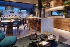 render gourmet cozinha integrada ilha mármore branco bancos madeira mesa jantar cadeiras pretas parede madeira varandas — Playa Negra Residence em Agronômica, Florianópolis