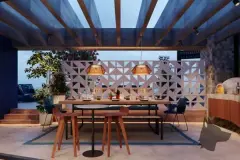 render espaço gourmet coberto mesa jantar madeira banco pendentes rattan parede cobogó branco noturno — Playa Negra Residence em Agronômica, Florianópolis