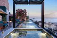 render rooftop piscina borda infinita ângulo alternativo bougainvillea pérgola metal vista baía entardecer — Playa Negra Residence em Agronômica, Florianópolis