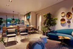 render living sofá azul curvo poltrona cinza plantas macramê parede decoração circular janela jardim tropical noturno — Playa Negra Residence em Agronômica, Florianópolis