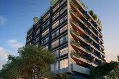 render fachada lateral detalhe edifício varandas madeira revestimento pedra plantas noturno — Playa Negra Residence em Agronômica, Florianópolis