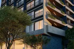 render fachada detalhe varandas madeira revestimento pedra ângulo inferior noturno — Playa Negra Residence em Agronômica, Florianópolis