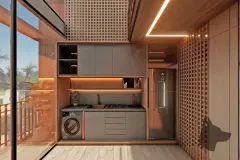 Perspectiva da cozinha compacta com armários embutidos, fogão, geladeira e máquina de lavar integrada — Puerto Canas em Canasvieiras, Florianópolis
