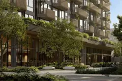 Perspectiva do térreo paisagístico com área de café ao ar livre, jardins e fachada arborizada — Puerto Madero em Jurerê, Florianópolis