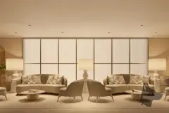 Perspectiva do hall social com sofás clássicos, painéis ripados e iluminação dourada — Puerto Madero em Jurerê, Florianópolis