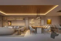 Perspectiva do espaço gourmet com bar, mesa de jantar e letreiro neon decorativo — Puerto Madero em Jurerê, Florianópolis