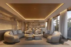 Perspectiva da sala de estar ampla com sofás curvos, mesa de jantar e teto caixão em madeira — Puerto Madero em Jurerê, Florianópolis