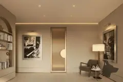 Perspectiva do ambiente de leitura com estante, quadros artísticos e iluminação indireta — Puerto Madero em Jurerê, Florianópolis