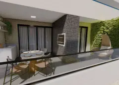 Varanda gourmet com churrasqueira de pastilhas, mesa de jantar e jardim vertical com poltrona suspensa — Recanto dos Corais em Abraão, Florianópolis