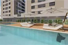 Área da piscina com deck de madeira, espreguiçadeiras e guarda-sol — Recanto dos Corais em Abraão, Florianópolis