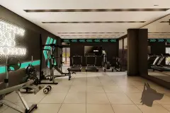 Academia equipada com aparelhos de musculação, esteiras e bicicletas com decoração neon — Recanto dos Corais em Abraão, Florianópolis