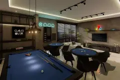 Salão de jogos com mesa de sinuca, mesas de pôquer, TV e decoração neon — Recanto dos Corais em Abraão, Florianópolis