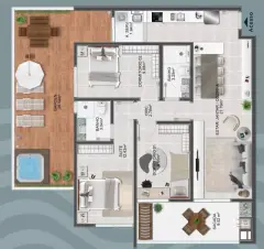 Planta baixa do apartamento com garden de 26,50 m², suíte, 2 dormitórios, sala/jantar/cozinha e sacada — Recanto dos Corais em Abraão, Florianópolis