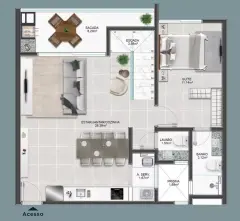 Planta baixa do duplex andar inferior com suíte, sala/jantar/cozinha de 28,39 m² e sacada — Recanto dos Corais em Abraão, Florianópolis