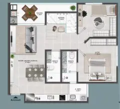 Planta baixa do apartamento com suíte, dormitório, sala/jantar/cozinha e sacada de 7,45 m² — Recanto dos Corais em Abraão, Florianópolis