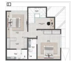 Planta baixa do duplex andar superior com 2 suítes de 11,55 m² e 14,51 m² e home office — Recanto dos Corais em Abraão, Florianópolis