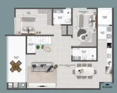 Planta baixa do apartamento com suíte, dormitório de 10,35 m², sala/jantar/cozinha de 37,25 m² e sacada — Recanto dos Corais em Abraão, Florianópolis