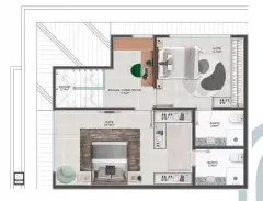Planta baixa do duplex andar superior com 2 suítes de 13,70 m² e 23,10 m² e home office — Recanto dos Corais em Abraão, Florianópolis