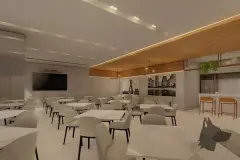 Salão de festas amplo com mesas de jantar, TV e balcão com bancos — Recanto dos Corais em Abraão, Florianópolis