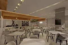 Salão de festas com mesas, sofás e TV, ângulo oposto — Recanto dos Corais em Abraão, Florianópolis