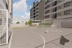 Quadra de futsal com traves e área de lazer ao fundo — Recanto dos Corais em Abraão, Florianópolis