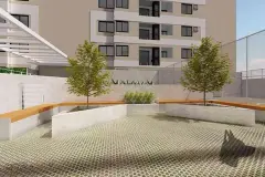 Praça interna com bancos de concreto e madeira e árvores ao pé dos edifícios — Recanto dos Corais em Abraão, Florianópolis