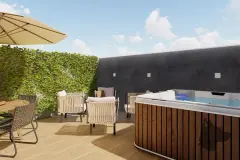 Terraço privativo com hidromassagem em madeira, mesa, cadeiras e jardim vertical — Recanto dos Corais em Abraão, Florianópolis