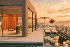 perspectiva ilustrativa rooftop piscina borda infinita espreguiçadeiras guarda-sol boias vista panorâmica Florianópolis entardecer — Regency Square Smart Stay em Centro, Florianópolis