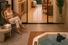 perspectiva ilustrativa varanda hidromassagem banheira externa mulher poltrona rattan celular porta correr sala kitchenette dormitório fundo — Regency Square Smart Stay em Centro, Florianópolis