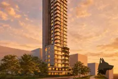 perspectiva ilustrativa fachada edifício torre alta sacadas jardim vertical revestimento madeira pedra entardecer iluminado árvores — Regency Square Smart Stay em Centro, Florianópolis