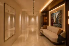 foto corredor hall pavimento piso mármore sofá bege almofadas caramelo quadro Big Ben Londres luminária trilho espelho — Regency Square Smart Stay em Centro, Florianópolis