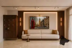 foto lobby hall entrada sofá branco almofadas caramelo quadro Big Ben Londres parede madeira iluminação LED roupeiros food box — Regency Square Smart Stay em Centro, Florianópolis