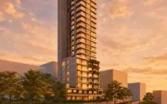 perspectiva ilustrativa fachada torre alta revestimento madeira sacadas jardins entardecer pôr do sol dramático — Regency Square Smart Stay em Centro, Florianópolis