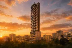 perspectiva ilustrativa fachada torre alta revestimento madeira sacadas jardins pôr do sol laranja dramático ângulo alternativo — Regency Square Smart Stay em Centro, Florianópolis