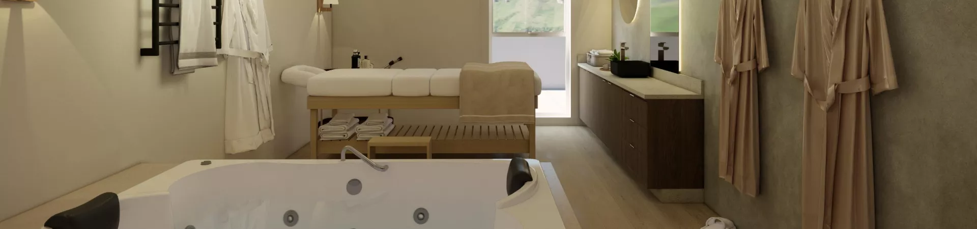 perspectiva ilustrativa spa sala massagem banheira hidromassagem dupla mesa tratamento madeira toalhas roupões bancada espelho bancada — Residencial Armazém Vieira em Saco dos Limões, Florianópolis