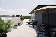 perspectiva ilustrativa rooftop terraço sofás poltronas rattan bancos curvos madeira vaso plantas piscina espreguiçadeiras guarda-sol vista morro — Residencial Armazém Vieira em Saco dos Limões, Florianópolis