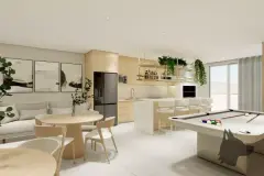 perspectiva ilustrativa salão festas gourmet mesas redondas cadeiras madeira cozinha ilha bar prateleiras geladeira mesa sinuca TV plantas — Residencial Armazém Vieira em Saco dos Limões, Florianópolis