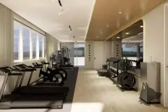 perspectiva ilustrativa academia musculação workout esteiras bicicletas spinning máquinas espelhos janela vista bairro teto madeira — Residencial Armazém Vieira em Saco dos Limões, Florianópolis