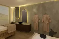 perspectiva ilustrativa spa sala massagem mesa tratamento madeira lavatório espelho oval arco LED roupão bancada iluminação indireta — Residencial Armazém Vieira em Saco dos Limões, Florianópolis
