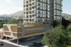 perspectiva ilustrativa fachada tower edifício torre alta sacadas jardins base ripas madeira palmeiras morro Armazém Vieira — Residencial Armazém Vieira em Saco dos Limões, Florianópolis