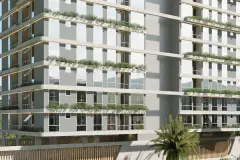 perspectiva ilustrativa fachada torre alta sacadas jardins detalhe lateral andares baixos ripas madeira — Residencial Armazém Vieira em Saco dos Limões, Florianópolis