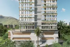 perspectiva ilustrativa fachada torre alta sacadas jardins palmeira logo Armazém Vieira Residence base entrada — Residencial Armazém Vieira em Saco dos Limões, Florianópolis
