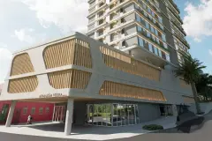 perspectiva ilustrativa fachada torre alta andar base Armazém Vieira Residence prédio histórico vermelho térreo palmeiras — Residencial Armazém Vieira em Saco dos Limões, Florianópolis