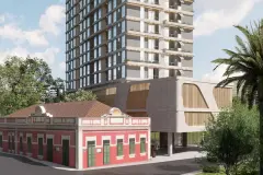 perspectiva ilustrativa fachada edifício torre alta prédio histórico rosa vermelho janelas verdes térreo palmeiras bairro — Residencial Armazém Vieira em Saco dos Limões, Florianópolis