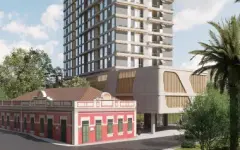 perspectiva ilustrativa fachada mini prédio histórico rosa vermelho janelas verdes lado base edifício residencial — Residencial Armazém Vieira em Saco dos Limões, Florianópolis