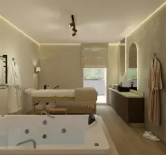 perspectiva ilustrativa spa sala massagem banheira hidromassagem mesa tratamento madeira roupões bancada lavatório espelho oval iluminação — Residencial Armazém Vieira em Saco dos Limões, Florianópolis
