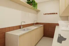 perspectiva ilustrativa lavanderia coletiva bancada pia dupla mármore prateleira plantas tijolinho terracota letreiro Lavanderia — Residencial Armazém Vieira em Saco dos Limões, Florianópolis