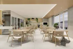 perspectiva ilustrativa salão festas gourmet mesas redondas cadeiras madeira brancas prateleiras cozinha plantas janela vista morro — Residencial Armazém Vieira em Saco dos Limões, Florianópolis