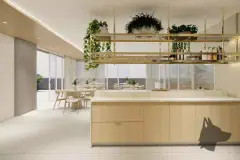 perspectiva ilustrativa salão gourmet cozinha ilha bancada madeira plantas suspensas prateleiras douradas bar janela terraço — Residencial Armazém Vieira em Saco dos Limões, Florianópolis